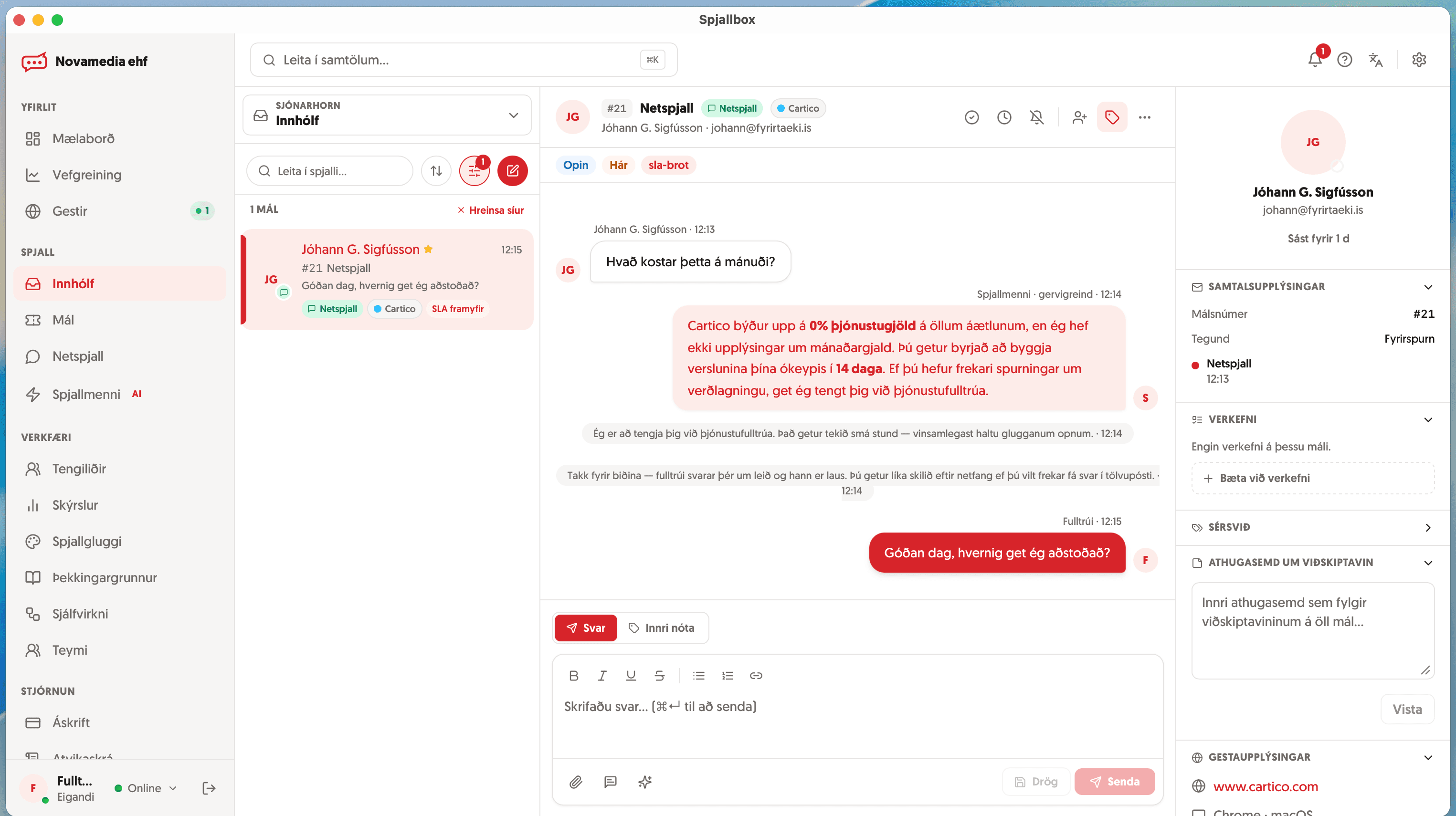 The Spjallbox desktop app on a Mac with a conversation open in the inbox