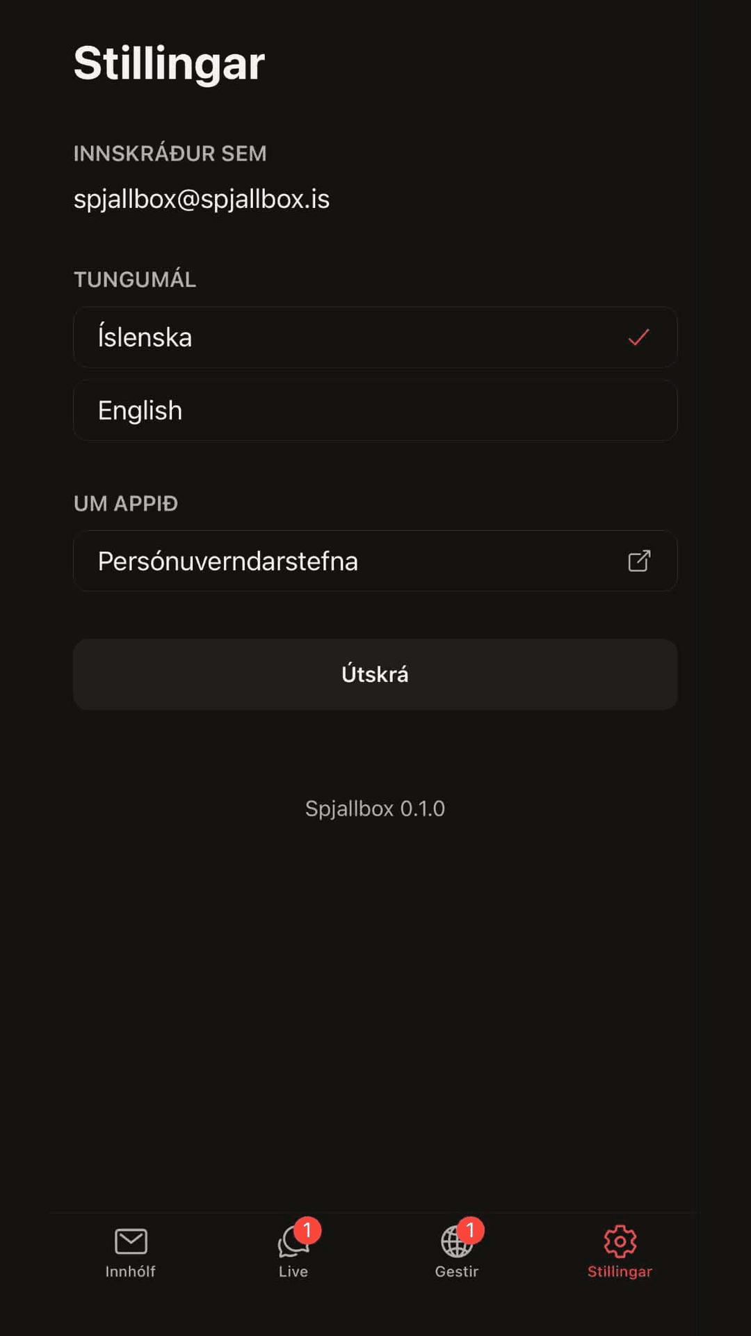 Settings in the Spjallbox app — Icelandic and English